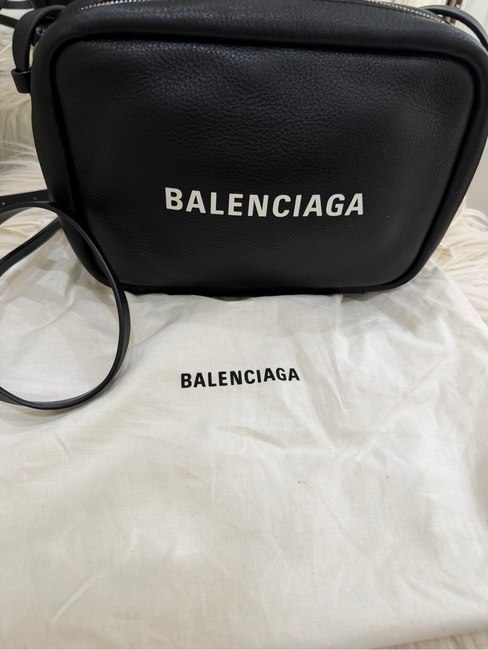 Balenciaga Black Pebbled Leather Logo Crossbody